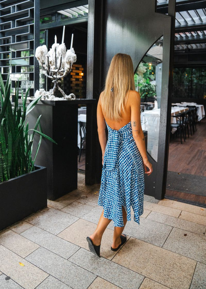 The Sunni Shirt Dress: Blue / White Squares - Silk / Viscose
