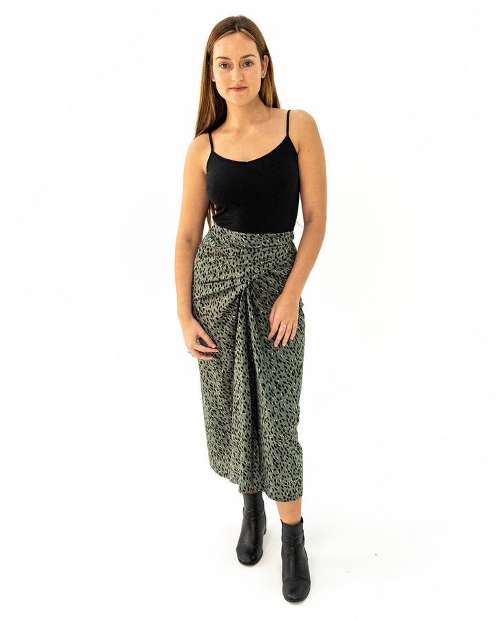 Japanese Wrap Skirt - Olive/ Black/neutral spot. Silk/Viscose