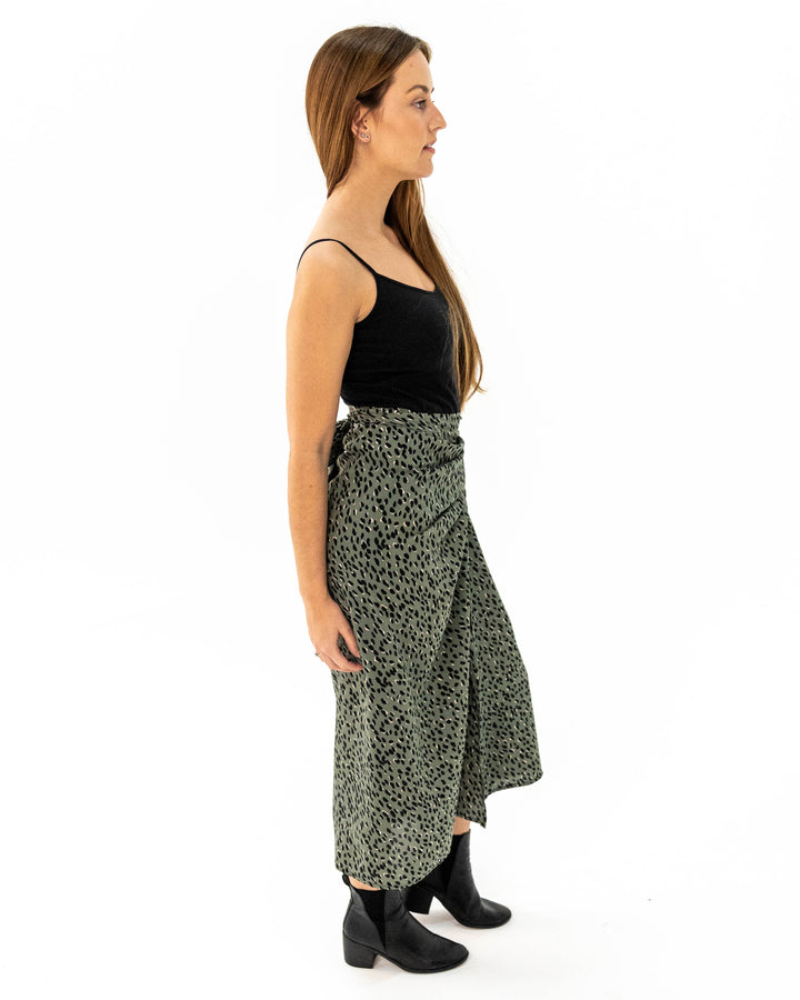 Japanese Wrap Skirt - Olive/ Black/neutral spot. Silk/Viscose