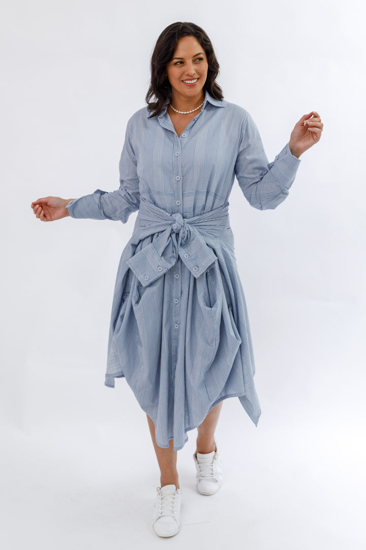 Italian Linen Coat Dress - Pale Blue Pinstripe