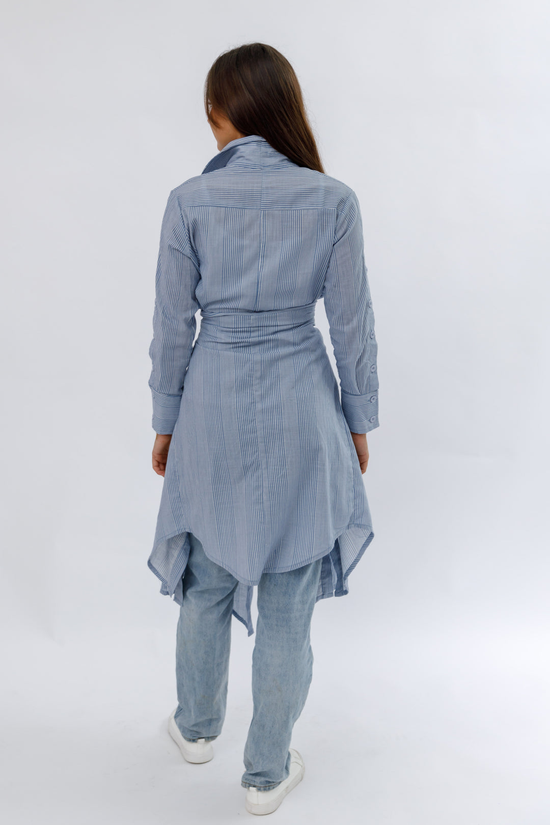 Italian Linen Coat Dress - Pale Blue Pinstripe