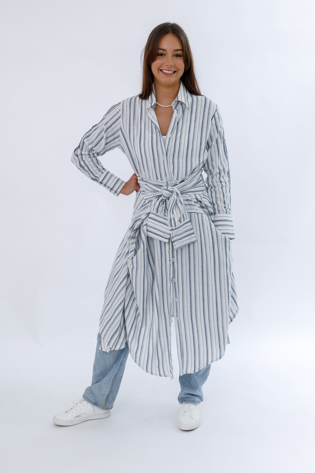 Italian Linen Coat Dress - White and Navy Stripe