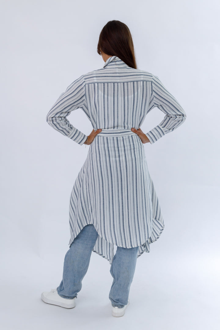 Italian Linen Coat Dress - White and Navy Stripe