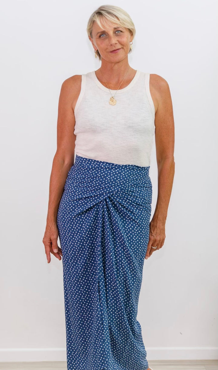 Japanese Wrap Skirt - Denim Blue with White Spots